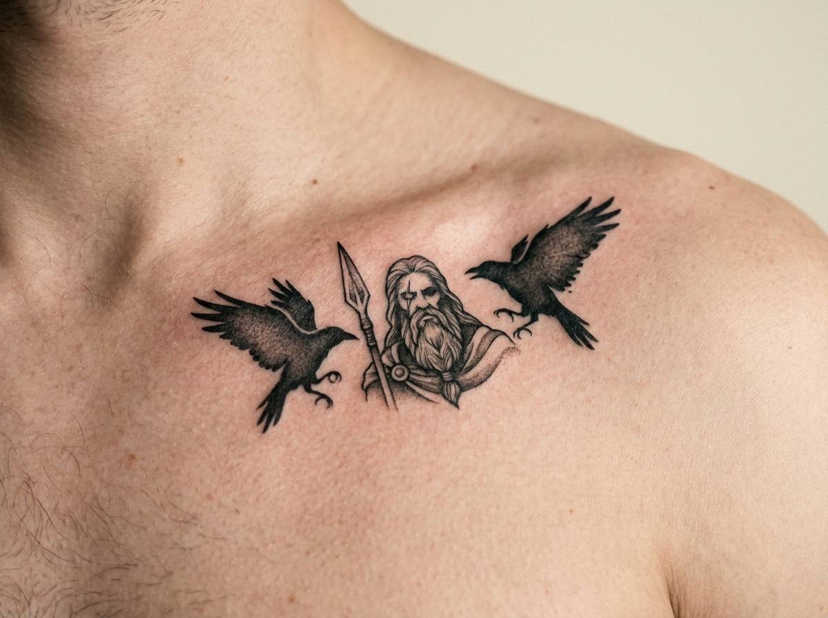 Tatuaż kruków Huginn i Muninn, posłańców Odyna, na obojczyku