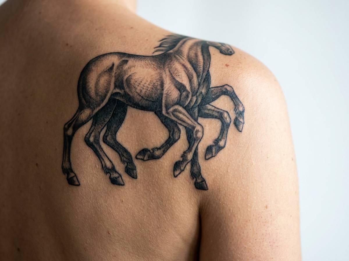 Tatuaż ośmionożnego konia Sleipnir, wierzchowca Odyna, na łopatce