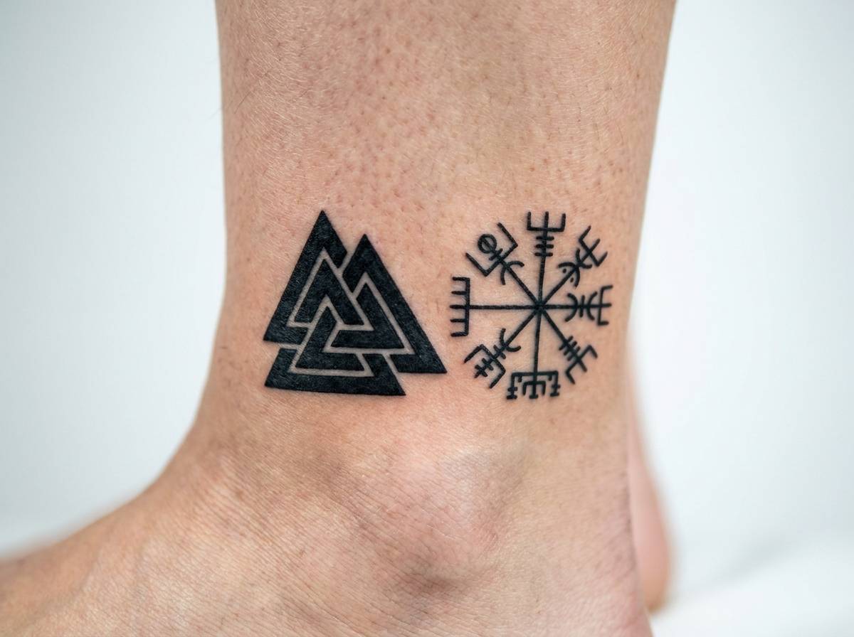 Tatuaż symboli Valknut i Vegvisir łączonych z Odynem na kostce