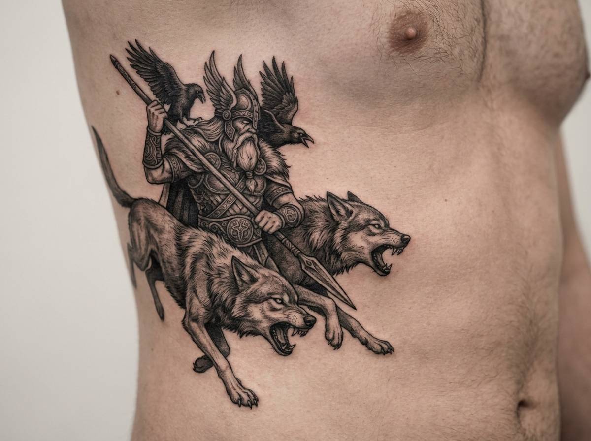 Tatuaż wilków Geri i Freki, towarzyszy Odyna, na żebrach