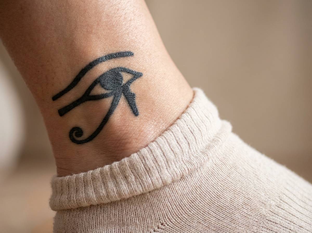 Tatuaż Oko Horusa na kostce, kontur oka z detalami upierzenia sokoła