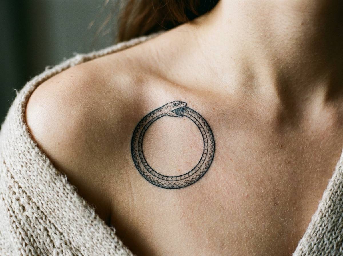 Tatuaż Ouroboros na obojczyku, wąż połykający własny ogon