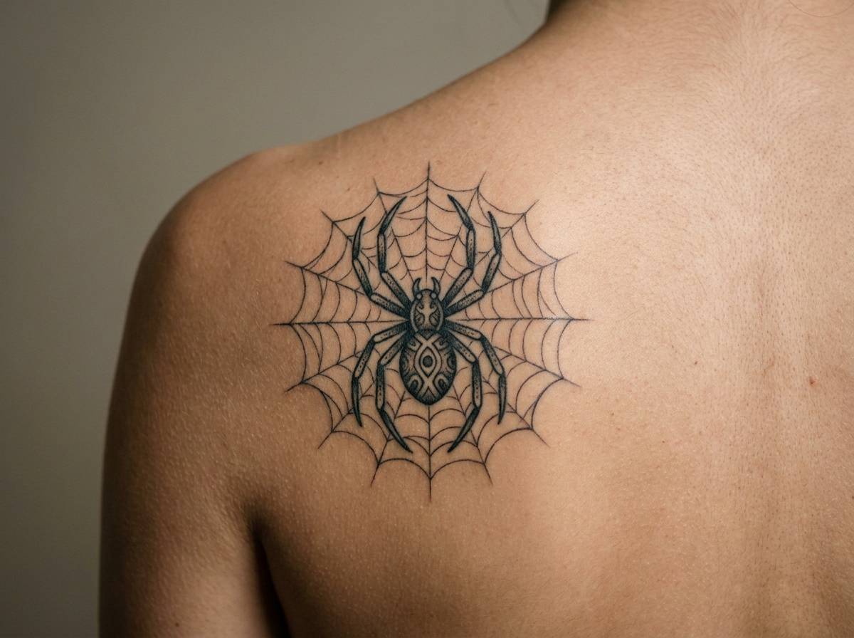 Tatuaż pająka na łopatce inspirowany postacią Anansiego, symbolizujący spryt i inteligencję.