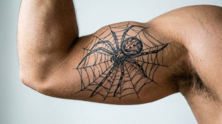 Tatuaż pająka na bicepsie, misternie utkana sieć symbolizująca cierpliwość i kontrolę nad przeznaczeniem.