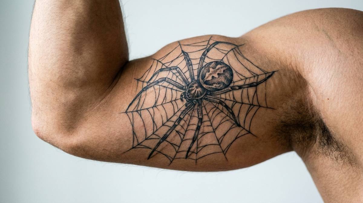 Tatuaż pająka na bicepsie, misternie utkana sieć symbolizująca cierpliwość i kontrolę nad przeznaczeniem.