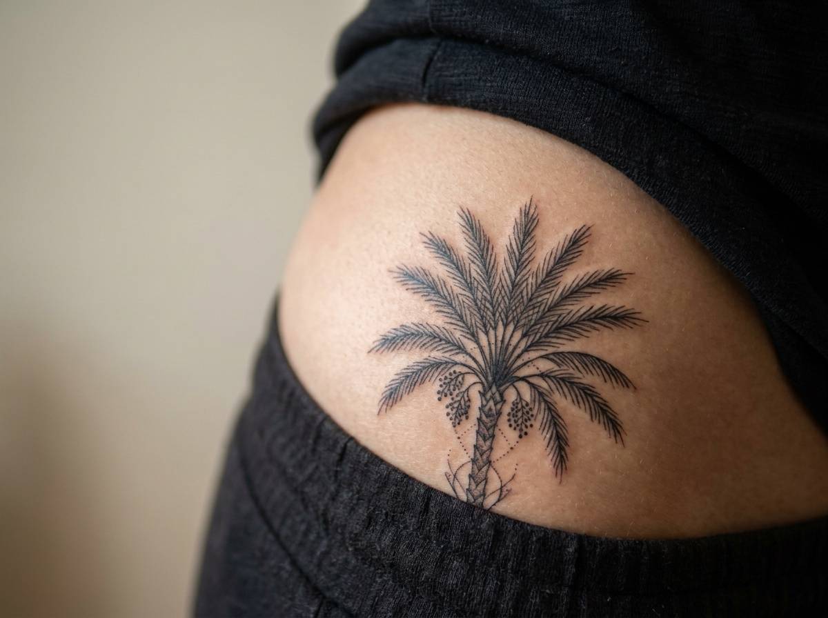 Tatuaż palma daktylowa z pierzastymi liśćmi nawiązująca do symboliki bliskowschodniej, na biodrze.