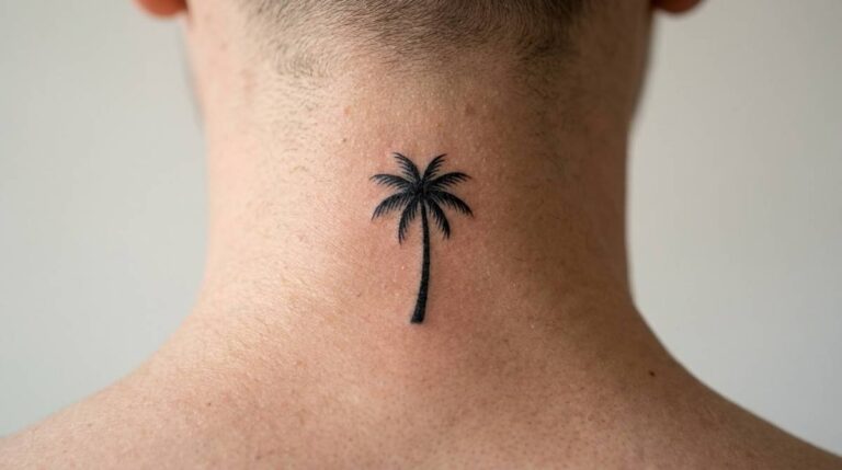 Tatuaż palma w formie pojedynczego drzewa, symbol wolności, widoczny na karku.