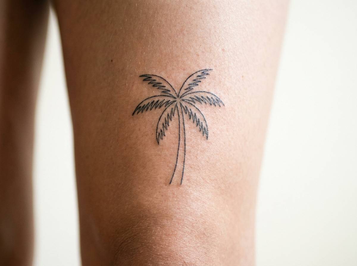 Tatuaż palma kokosowa z wachlarzowatą koroną, symbol plaży, widoczny na udzie.