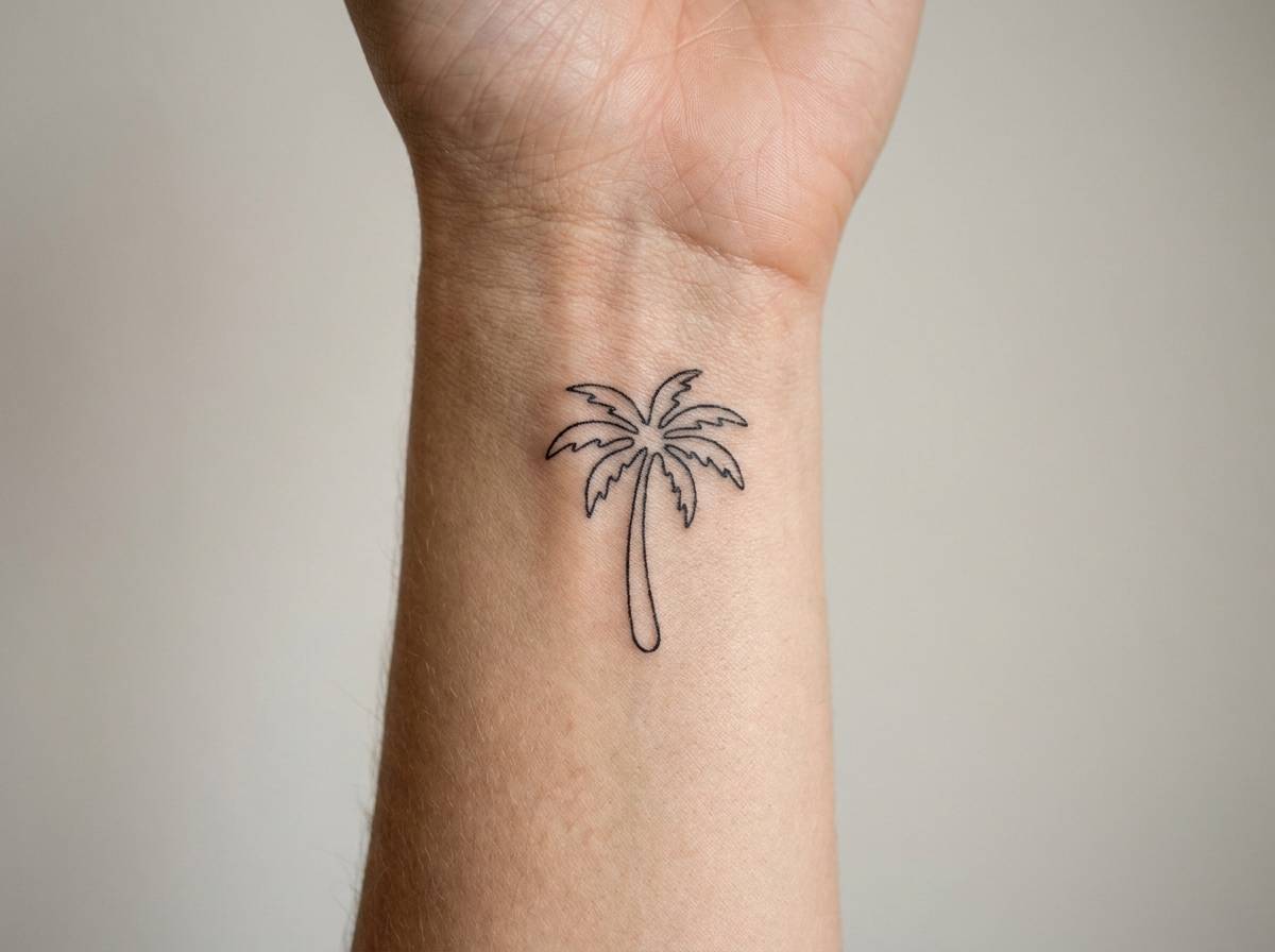 Tatuaż palma w minimalistycznym stylu linework, wykonany pojedynczą linią na nadgarstku.