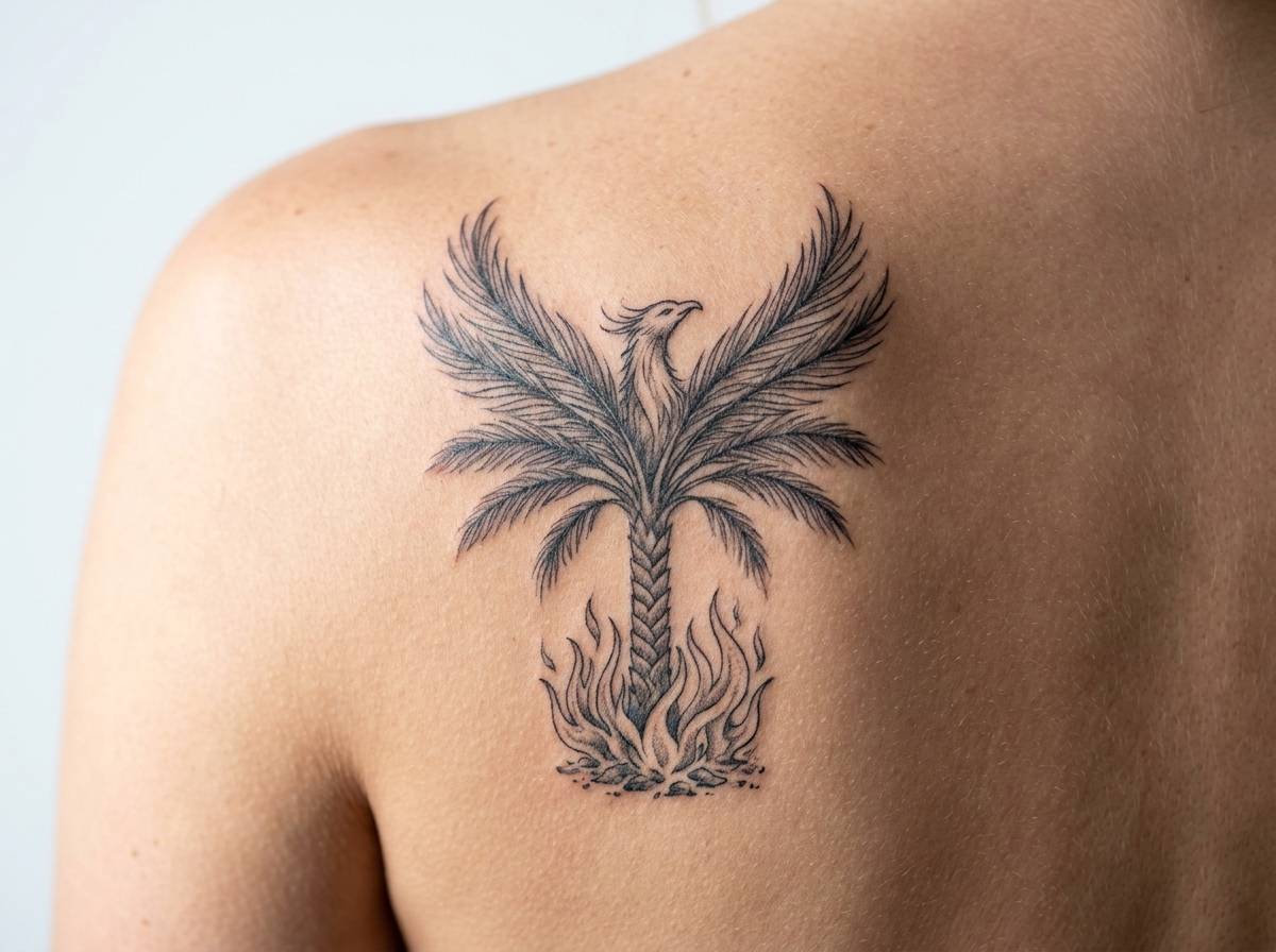 Tatuaż palma w formie palmy daktylowej symbolizującej odrodzenie, widoczny na łopatce.