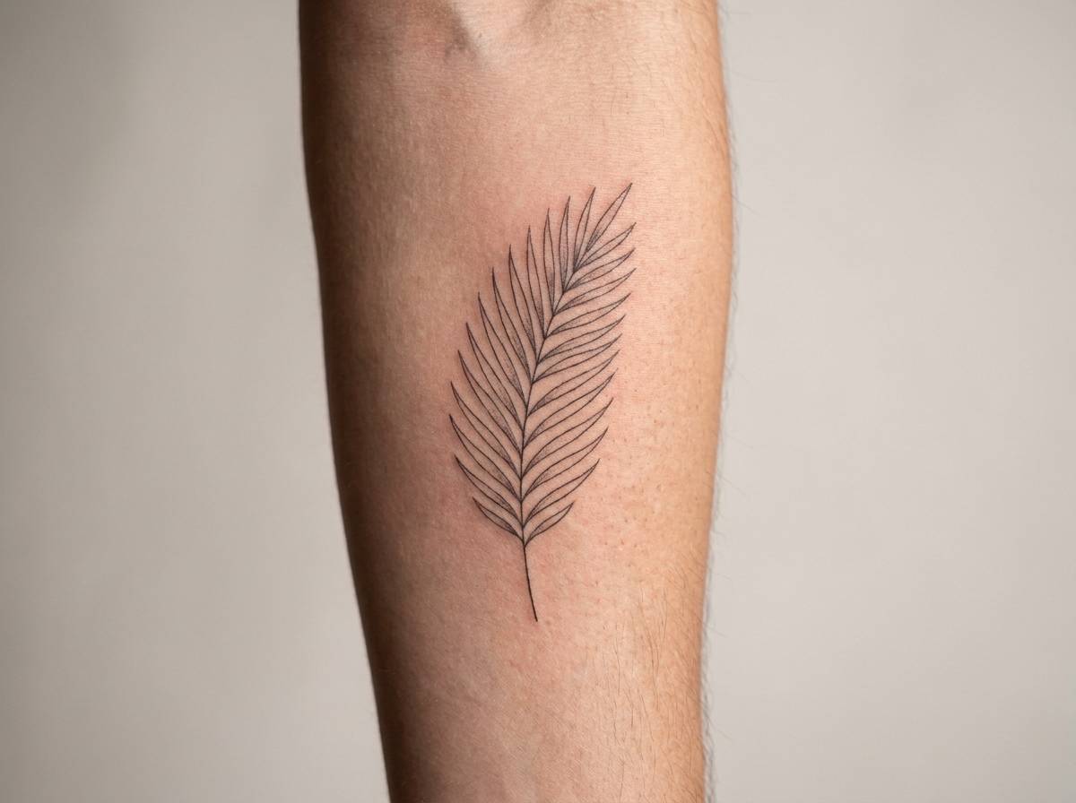 Tatuaż palma w formie gałązki symbolizującej zwycięstwo, widoczny na przedramieniu.