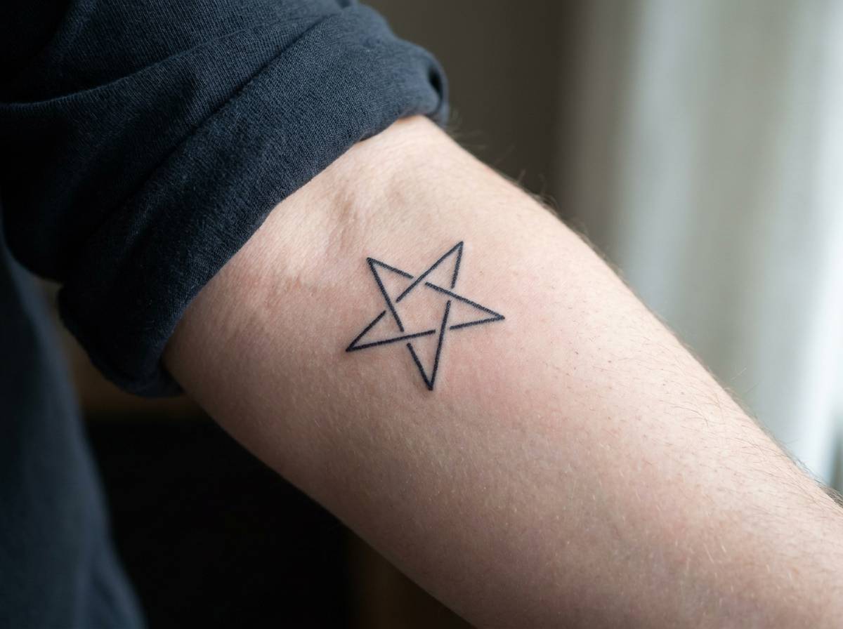 Tatuaż Pentagram na przedramieniu, pięcioramienna gwiazda z wierzchołkiem ku górze