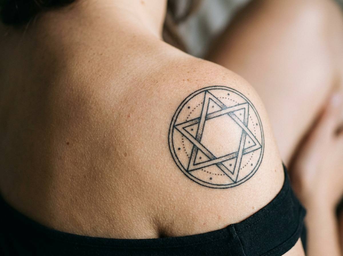 Tatuaż Pieczęć Salomona na łopatce, geometryczna gwiazda wpisana w krąg