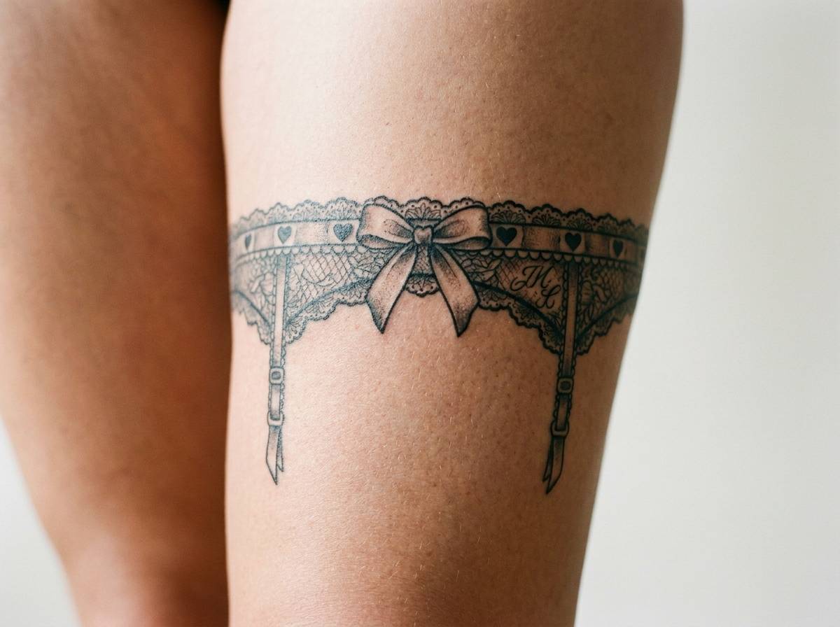 Tatuaż podwiązki jako symbol daru miłosnego na udzie