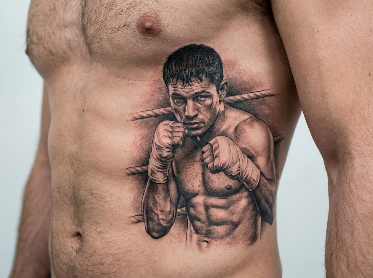 Tatuaż portret bokserski z tłem sznurów ringu na żebrach.
