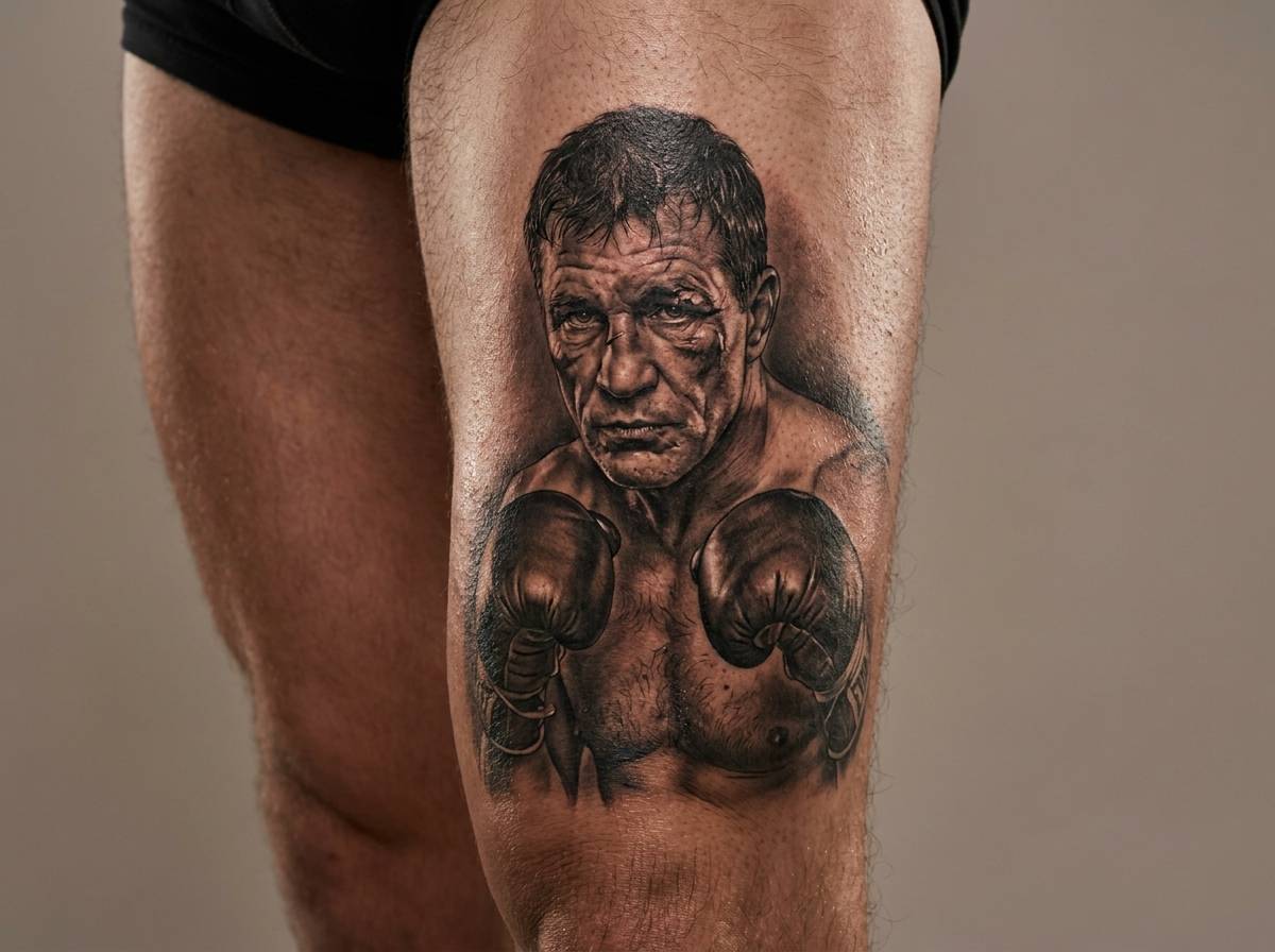 Tatuaż portret legendarnego pięściarza na udzie, symbolizujący odwagę i niezłomność.