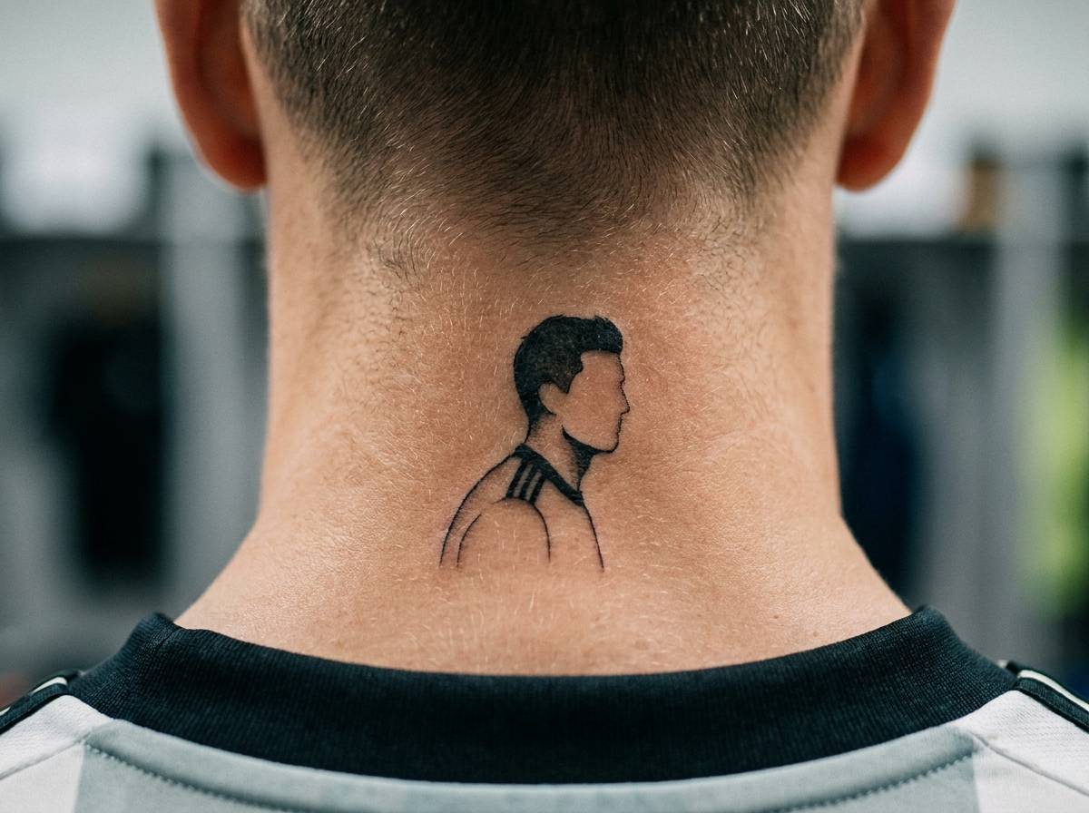 Tatuaż portret piłkarza w czarno-białym stylu na karku