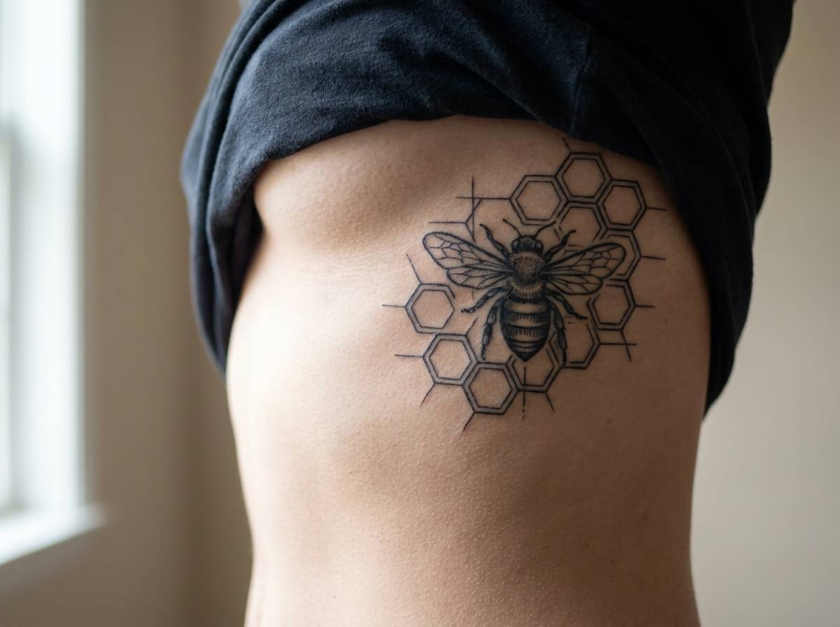 Sześciokątny plaster miodu z pszczołą wytatuowany na żebrach, symbol obfitości i porządku.