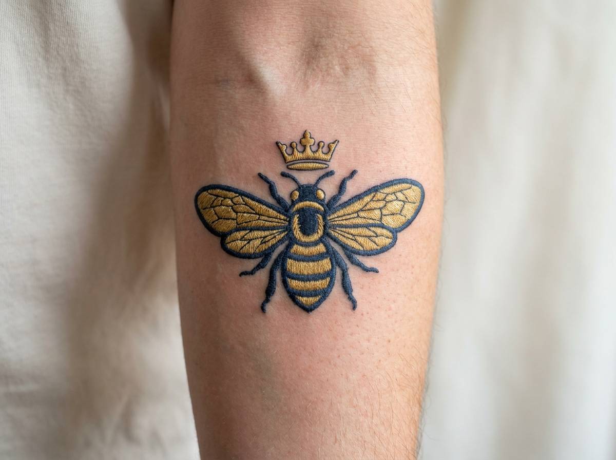 Pszczoła w stylu heraldycznym wytatuowana na przedramieniu, inspirowana cesarskimi haftami.