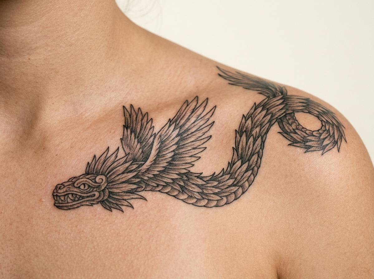 Tatuaż Quetzalcoatl, opierzonego węża z rozpostartymi piórami, na obojczyku