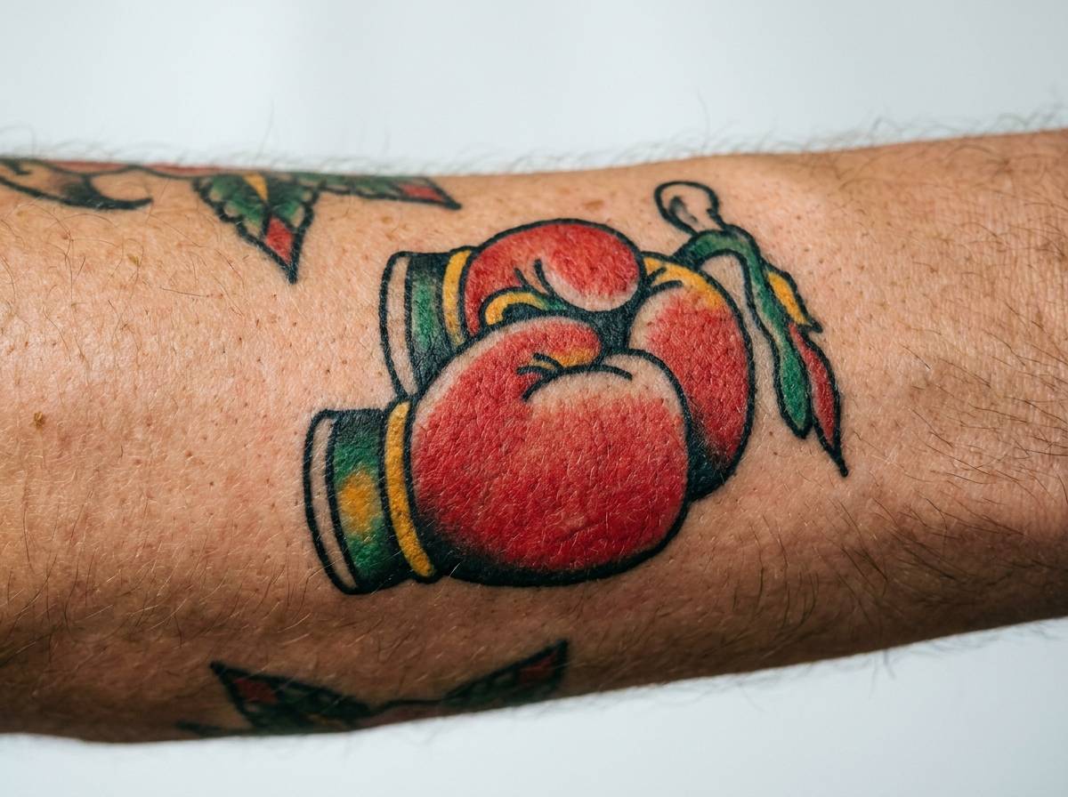 Tatuaż rękawica bokserska w stylu old school na przedramieniu, nawiązujący do tradycji marynarskiej.