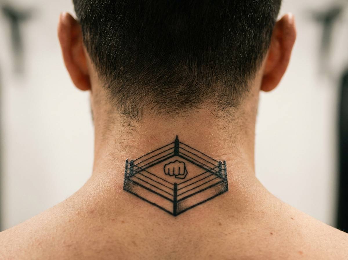 Tatuaż ring bokserski jako geometryczna rama ze sznurami na karku.