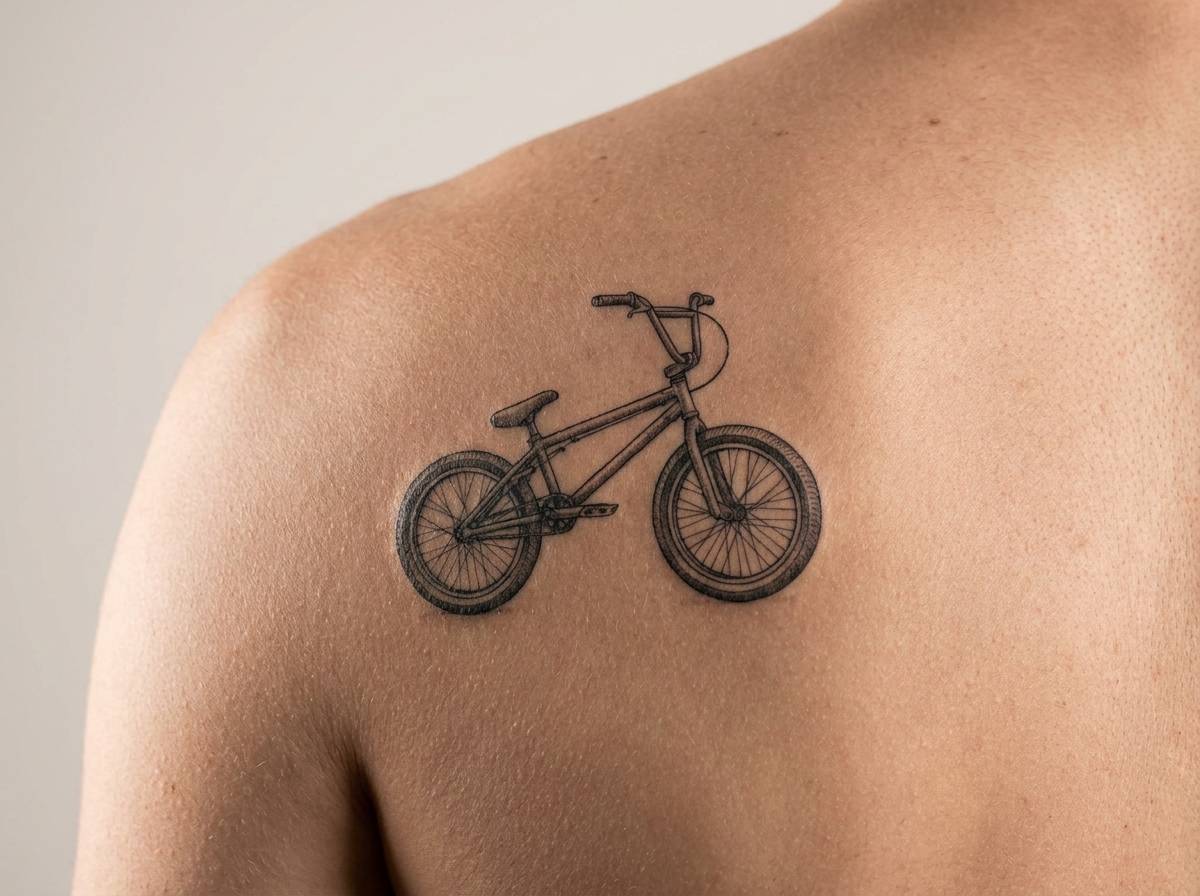 Rower BMX z krępą ramą i małymi kołami wytatuowany na łopatce