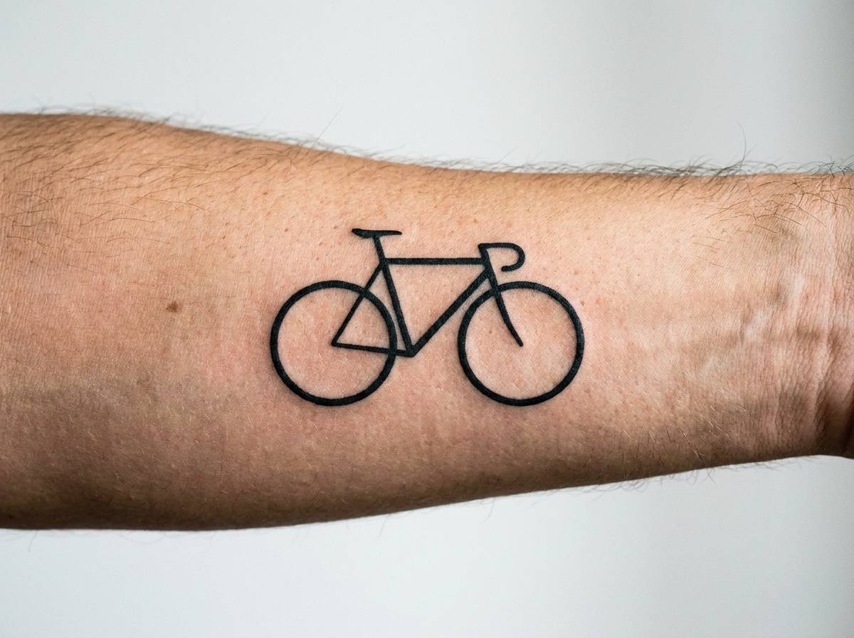 Rower miejski singlespeed w minimalistycznym wzorze tatuażu na przedramieniu