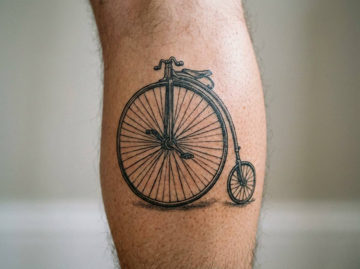 Tatuaż przedstawiający Rower Penny-farthing z charakterystycznym wysokim kołem, umieszczony na łydce