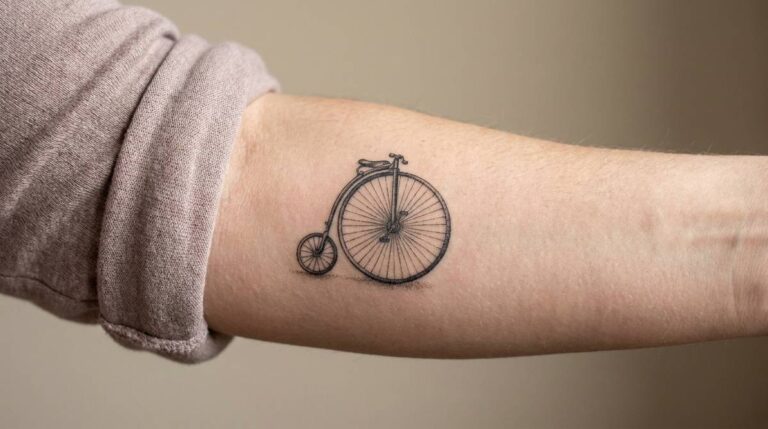 Rower Penny-farthing z wysokim przednim kołem wytatuowany na przedramieniu