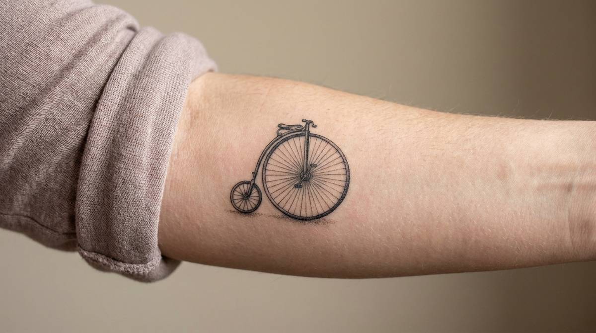 Rower Penny-farthing z wysokim przednim kołem wytatuowany na przedramieniu