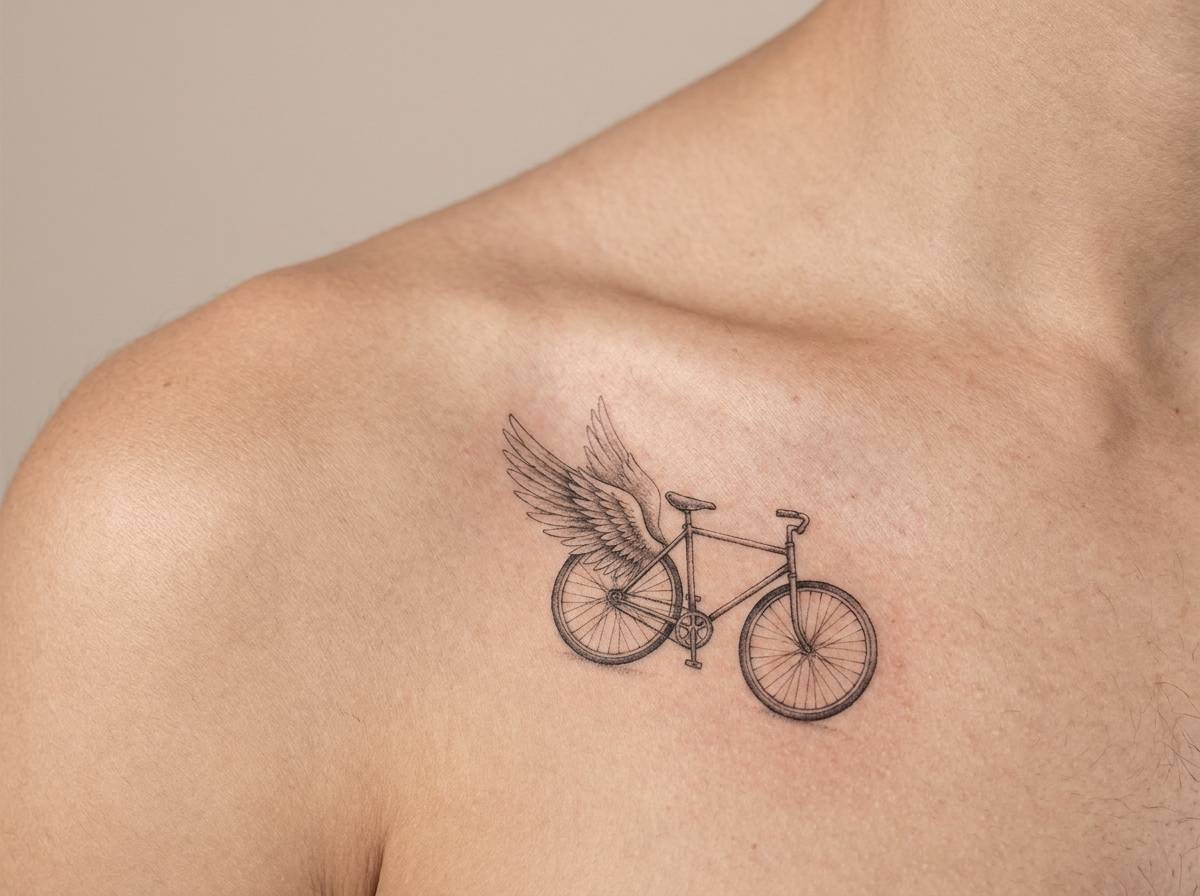 Rower ze skrzydłami doczepionymi do ramy wytatuowany na obojczyku