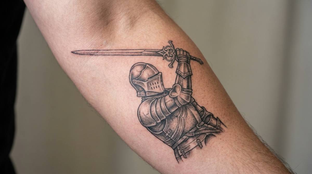 Tatuaż rycerz z mieczem w pełnej zbroi z wzniesionym ostrzem na przedramieniu, symbol honoru i odwagi.