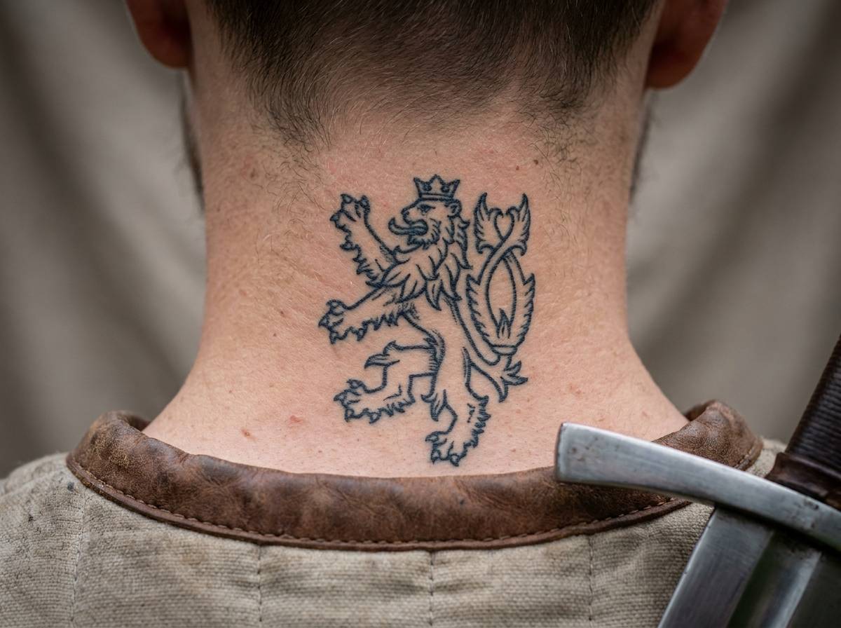 Tatuaż rycerz z mieczem uzupełniony lwem heraldycznym na karku, symbol odwagi i godności.