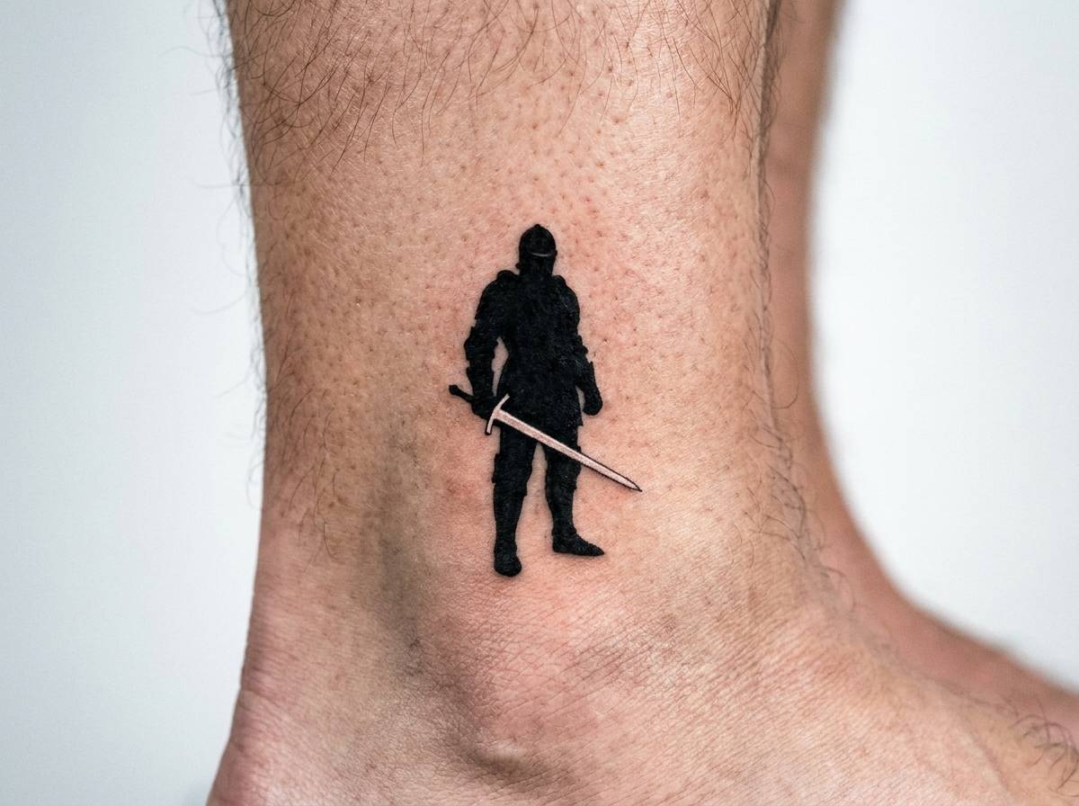 Tatuaż rycerz z mieczem w stylu blackwork z kontrastową klingą na kostce, monumentalna sylwetka.