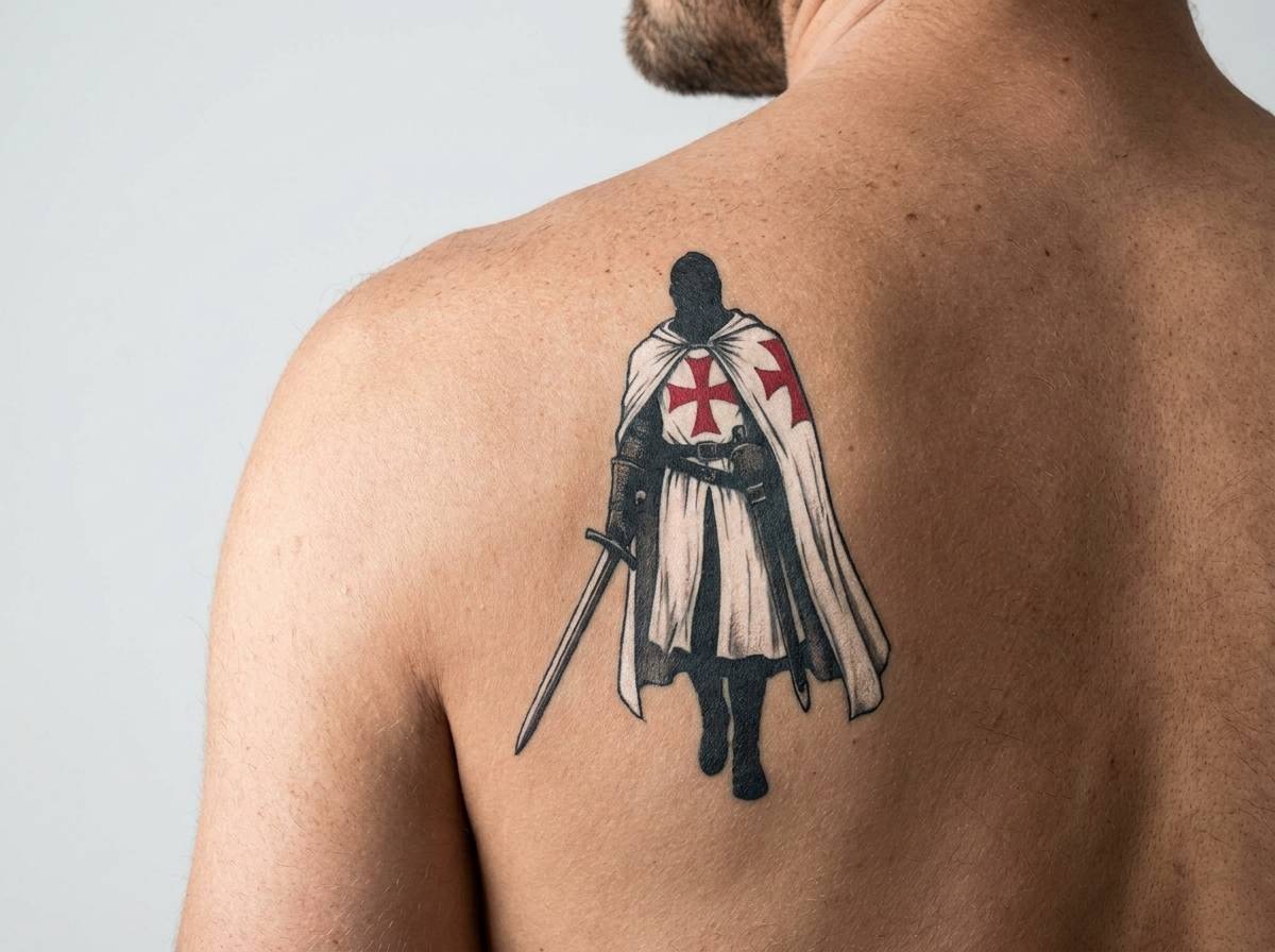 Tatuaż rycerz z mieczem w wersji templariusza z czerwonym krzyżem na łopatce, symbol obrony wiary.