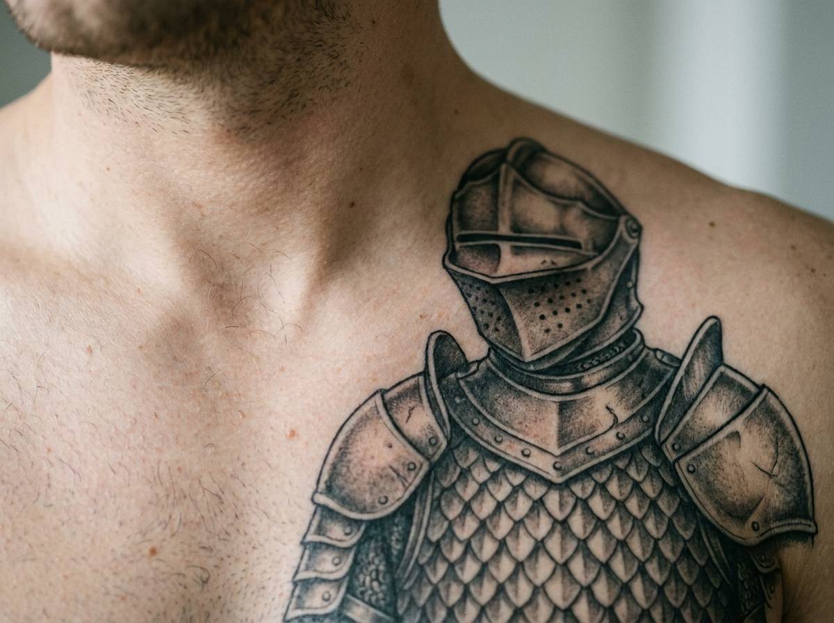 Tatuaż rycerz z mieczem w postaci zbroi płytowej i hełmu na obojczyku, symbol wewnętrznej ochrony.