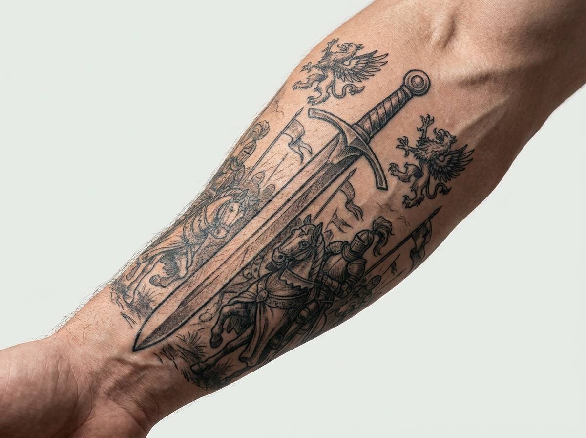 Tatuaż rycerz z mieczem z ostrzem skierowanym w górę na przedramieniu, symbol gotowości do walki.