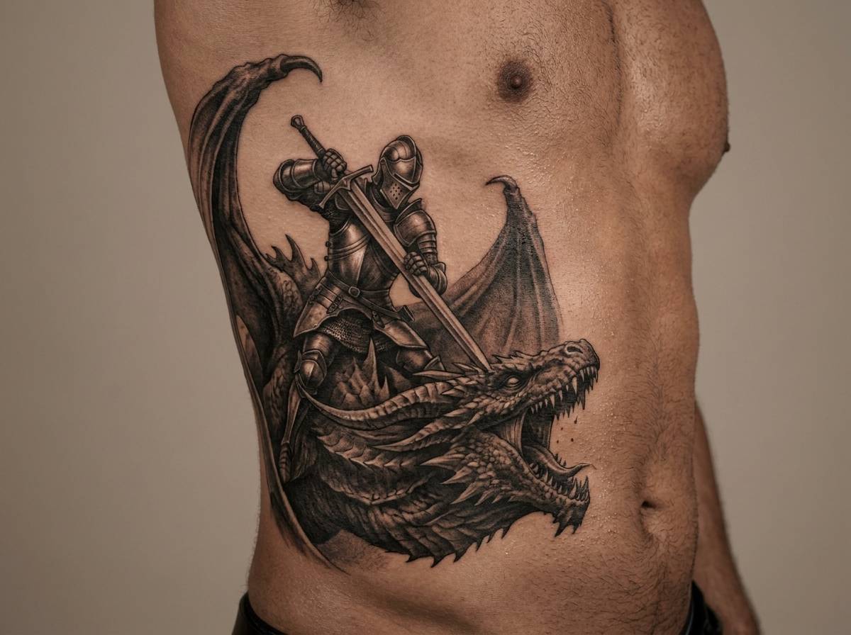 Tatuaż rycerz z mieczem przebijającym smoka na żebrach, nawiązanie do legendy świętego Jerzego.