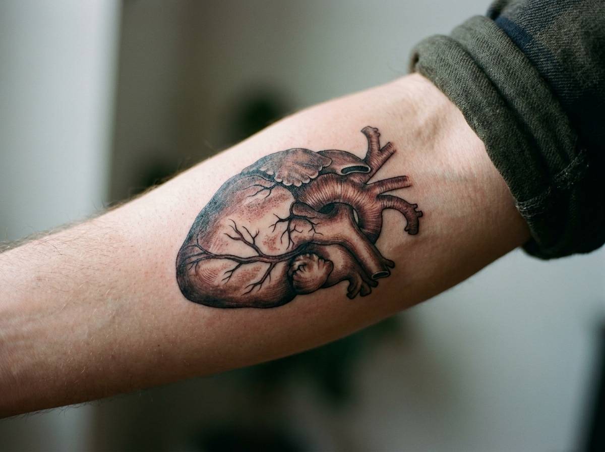 Realistyczne serce anatomiczne wytatuowane na przedramieniu, z widocznymi komorami i naczyniami