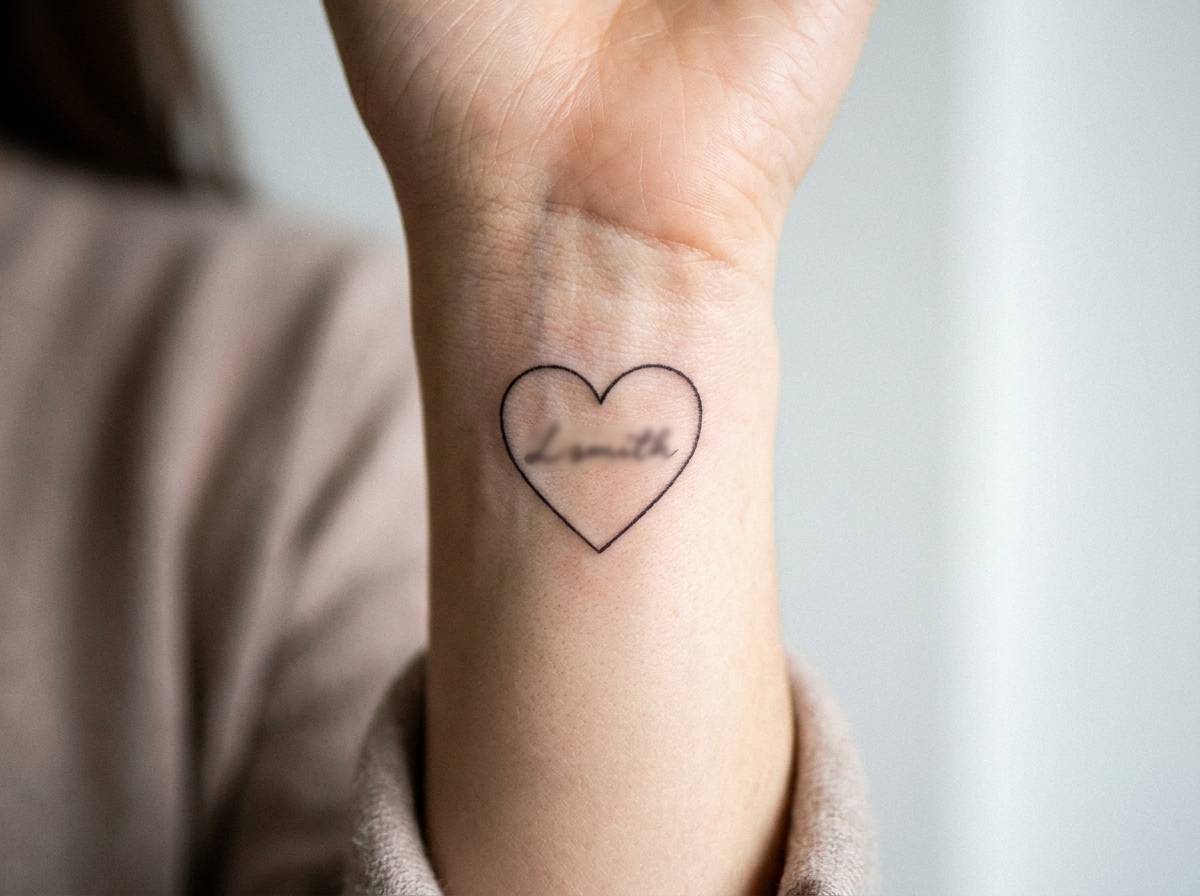 Serce z imieniem w formie personalizowanego konturu wytatuowane na nadgarstku