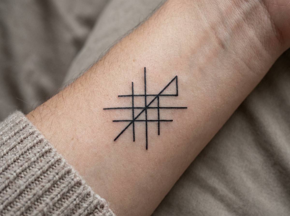 Minimalistyczny tatuaż sigil na przedramieniu, geometryczny znak o okultystycznym charakterze