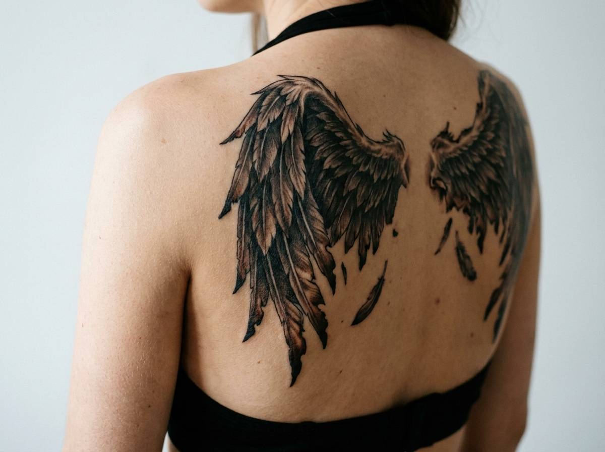 Skrzydła upadłego anioła z ciemnymi, złamanymi piórami wytatuowane na plecach