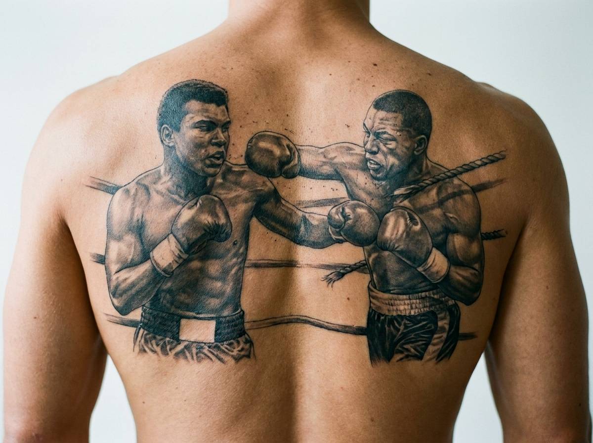Tatuaż starcie dwóch bokserów w dynamicznej scenie pojedynku na plecach.