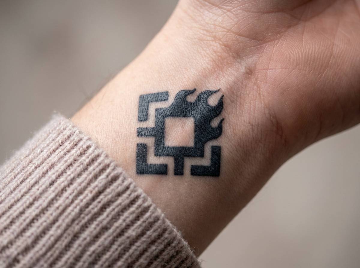 Symbol Swaroga wytatuowany na nadgarstku, nawiązujący do ognia i siły tworzenia