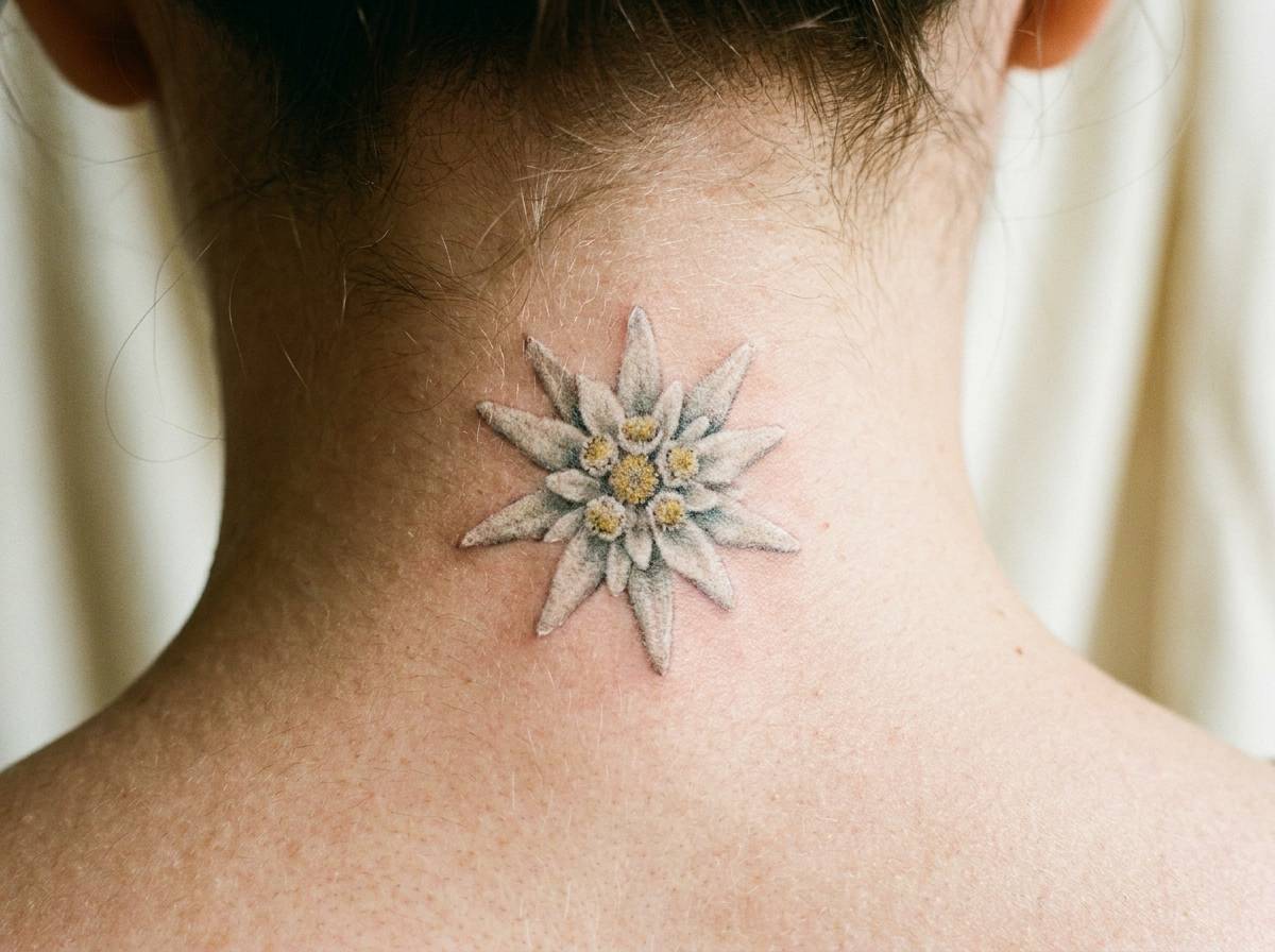 Tatuaż szarotki na karku, kwiat zachowujący formę po wysuszeniu jako symbol trwałości