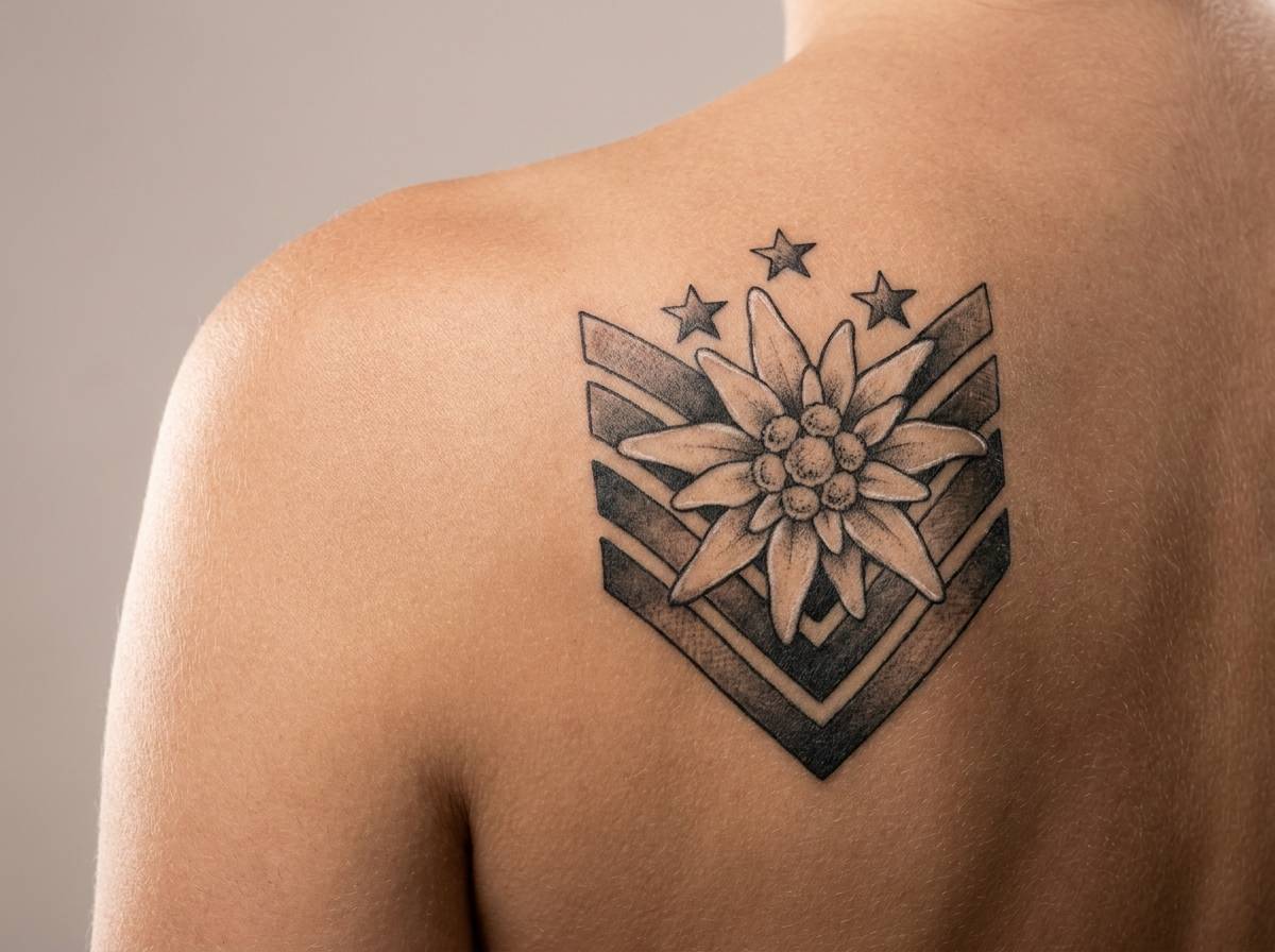 Tatuaż szarotki na łopatce zestawiony z pasami i gwiazdkami w stylu militarnym
