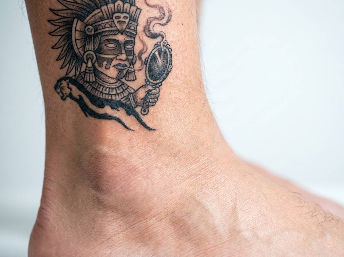 Tatuaż Tezcatlipoca z obsydianowym zwierciadłem i dymem na kostce