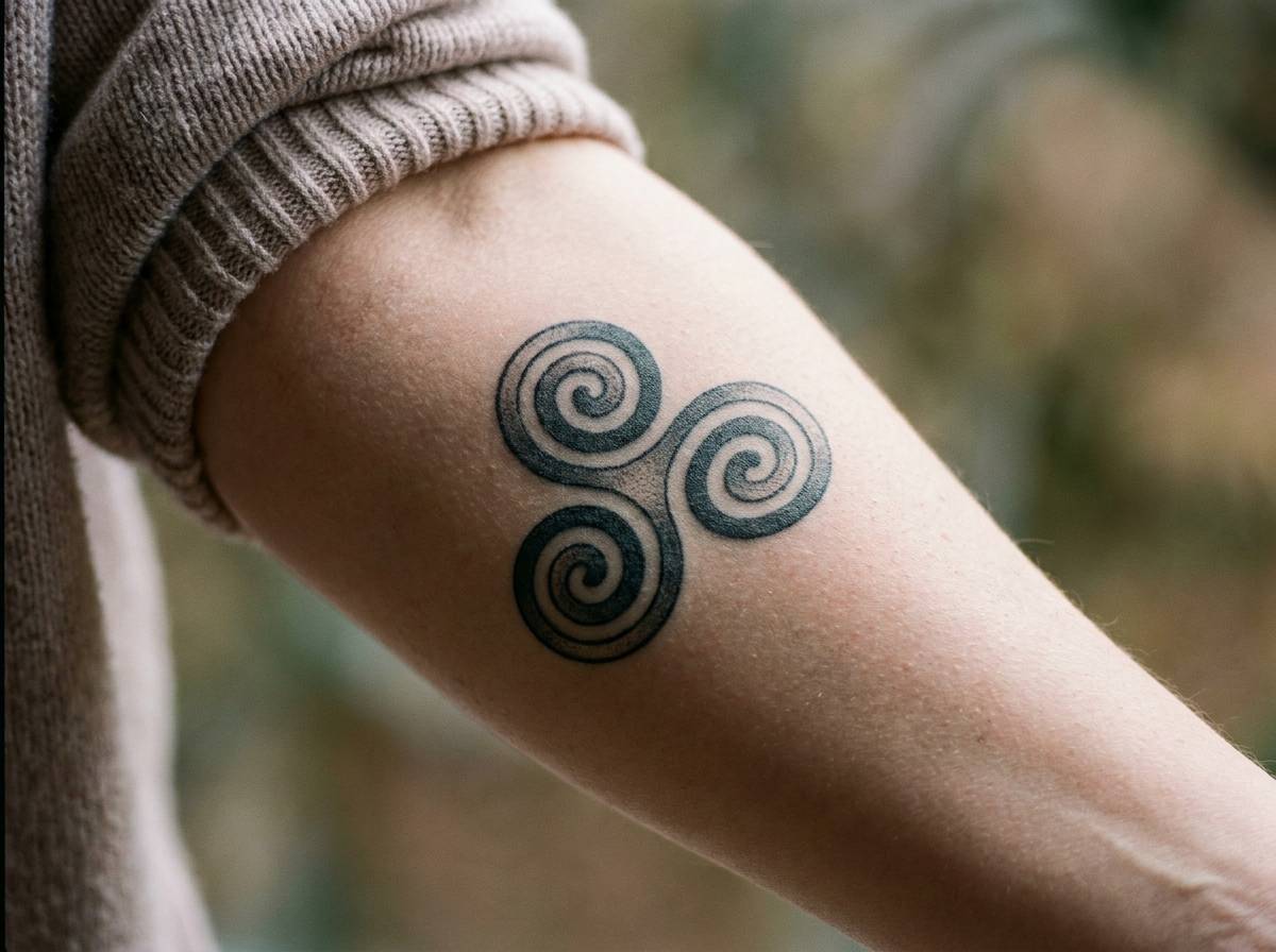 Tatuaż Triskelion na ramieniu, trzy spirale wychodzące z jednego punktu