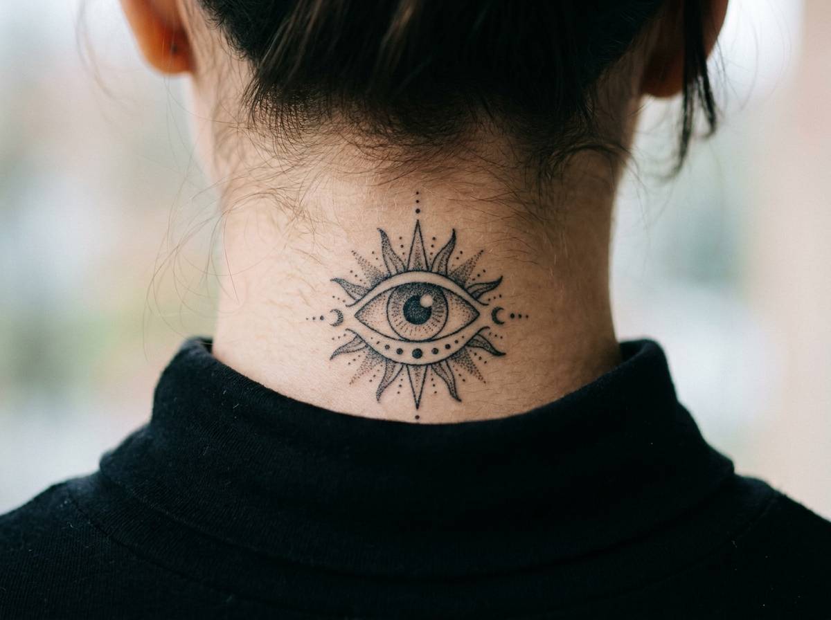 Tatuaż trzecie oko jako symbol duchowego przebudzenia, na karku